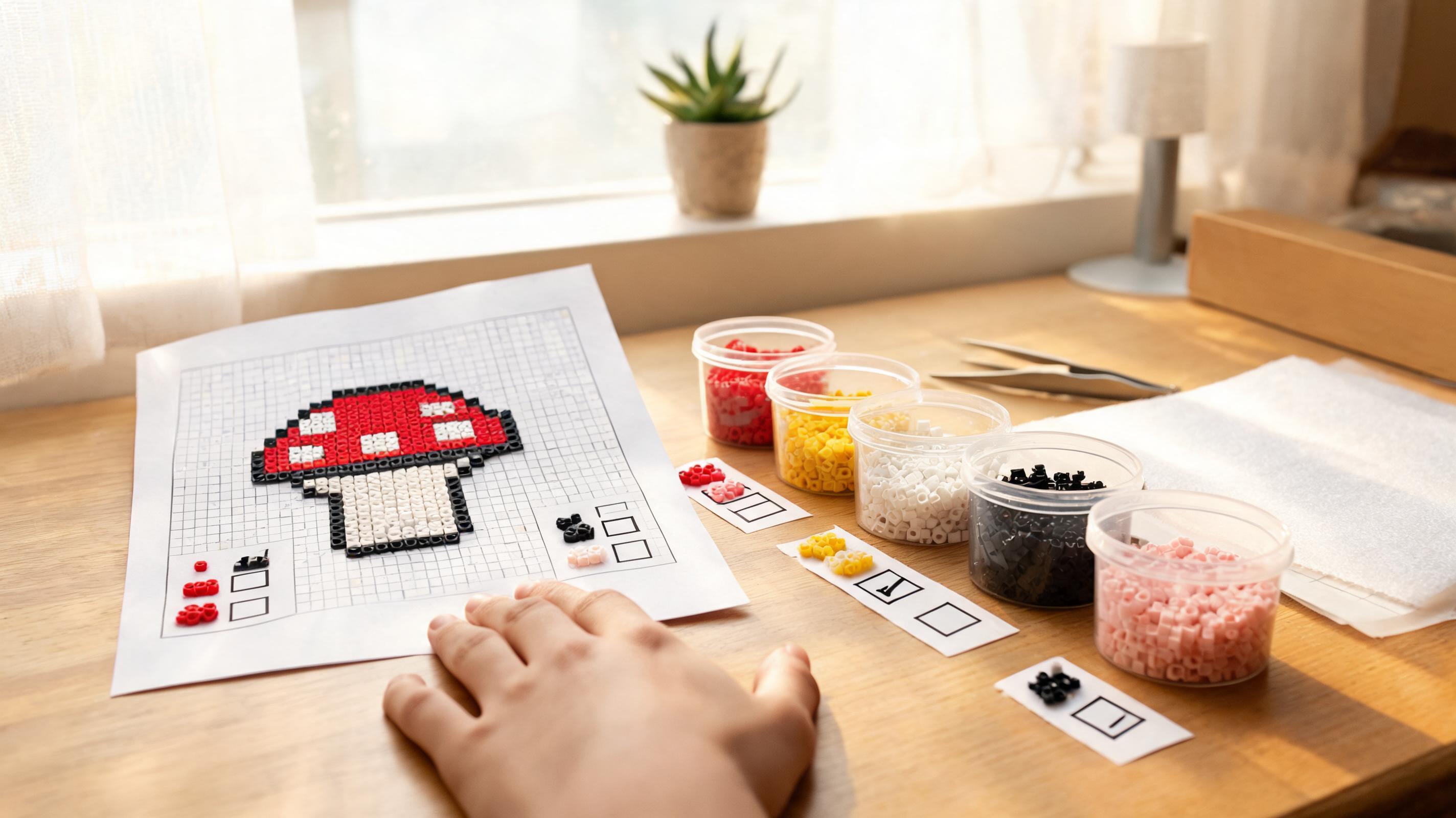Printed guide with color codes beside sorted bead cups