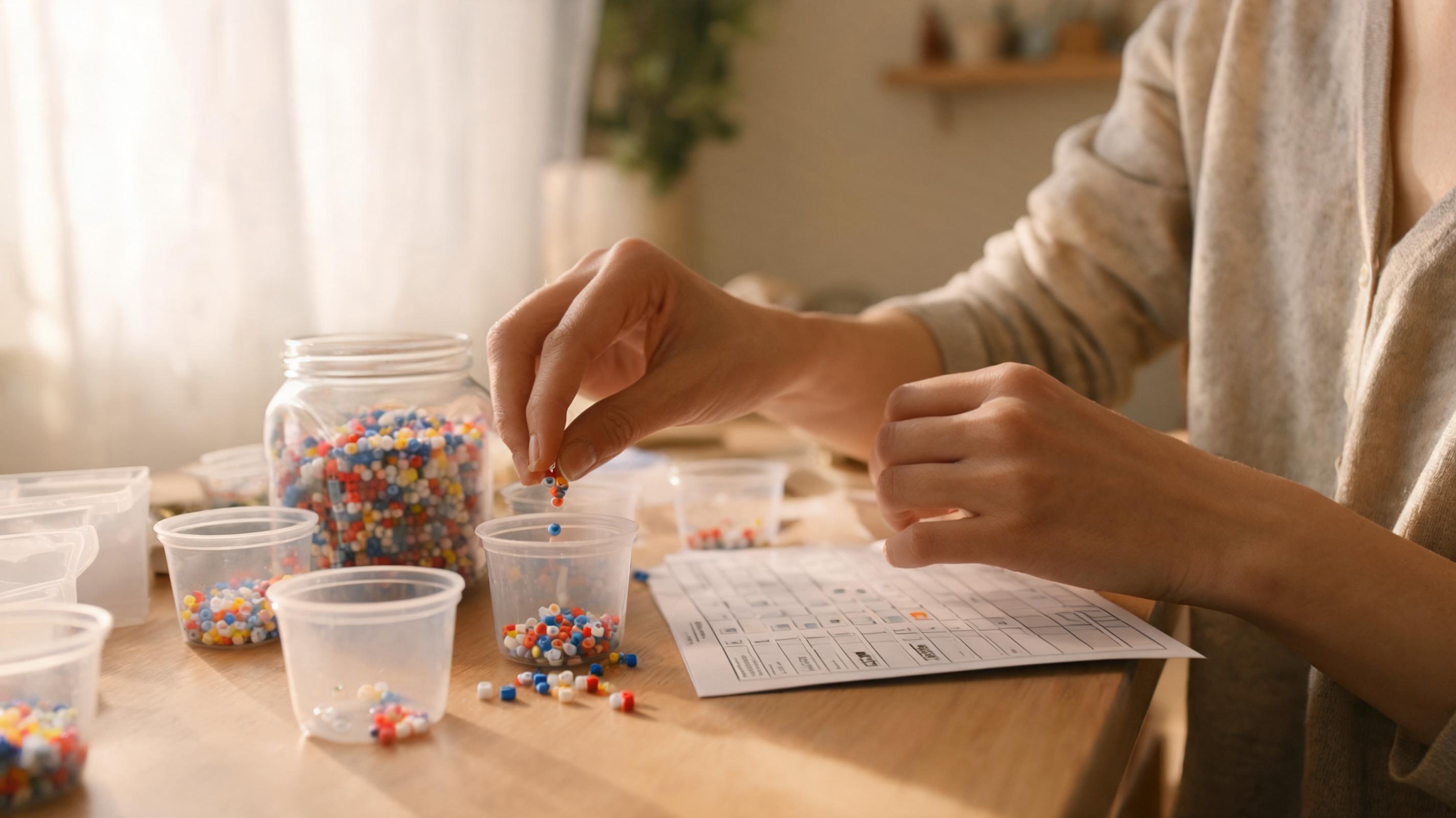 Counting beads into cups using a printed checklist