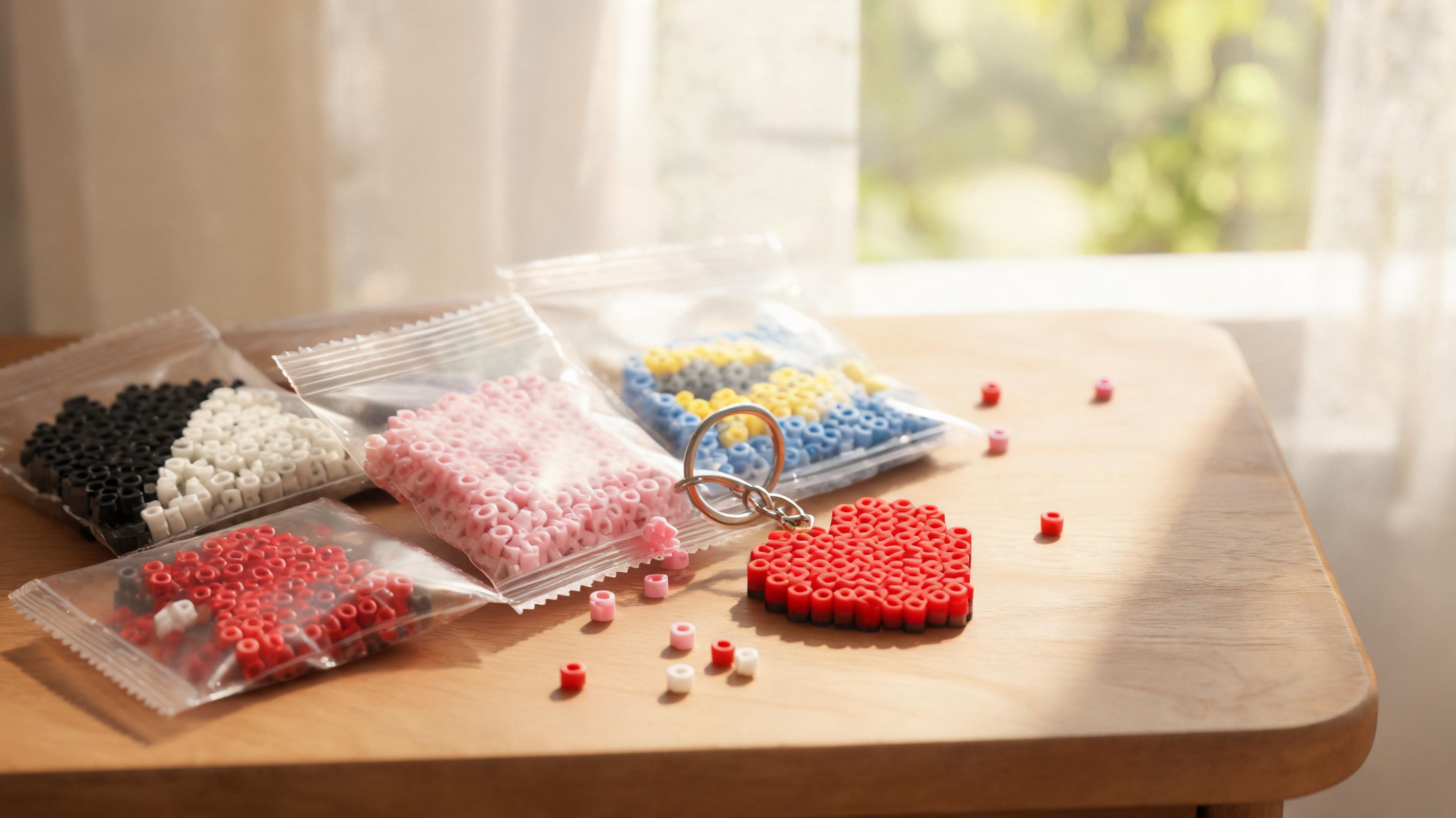 Branded fuse bead packets and a finished keychain